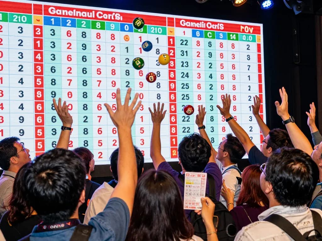 Excited players watching Hongkong Lotto live draw with colorful balls and digital displays.