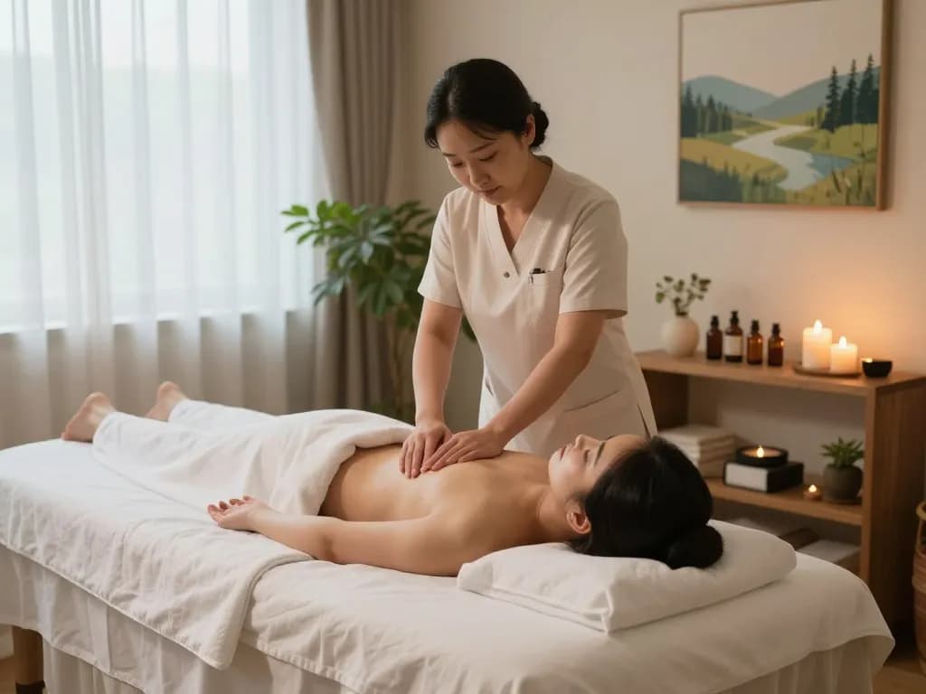 신사동마사지 therapy room with therapist providing soothing care, essential oils, and calming atmosphere.