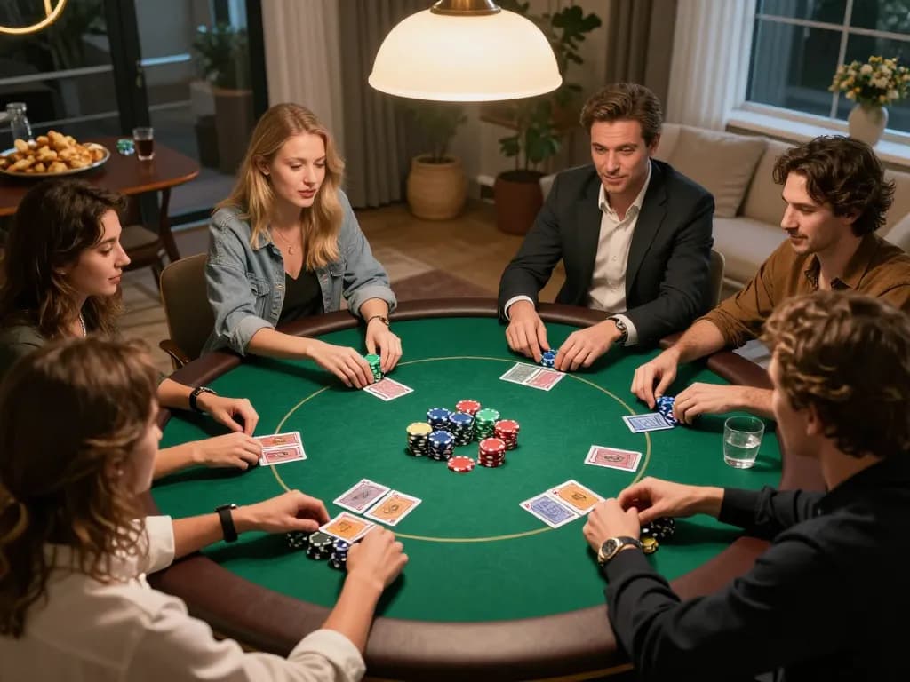 Friends enjoying a lively hb88 game night while strategizing poker plays with drinks and snacks.