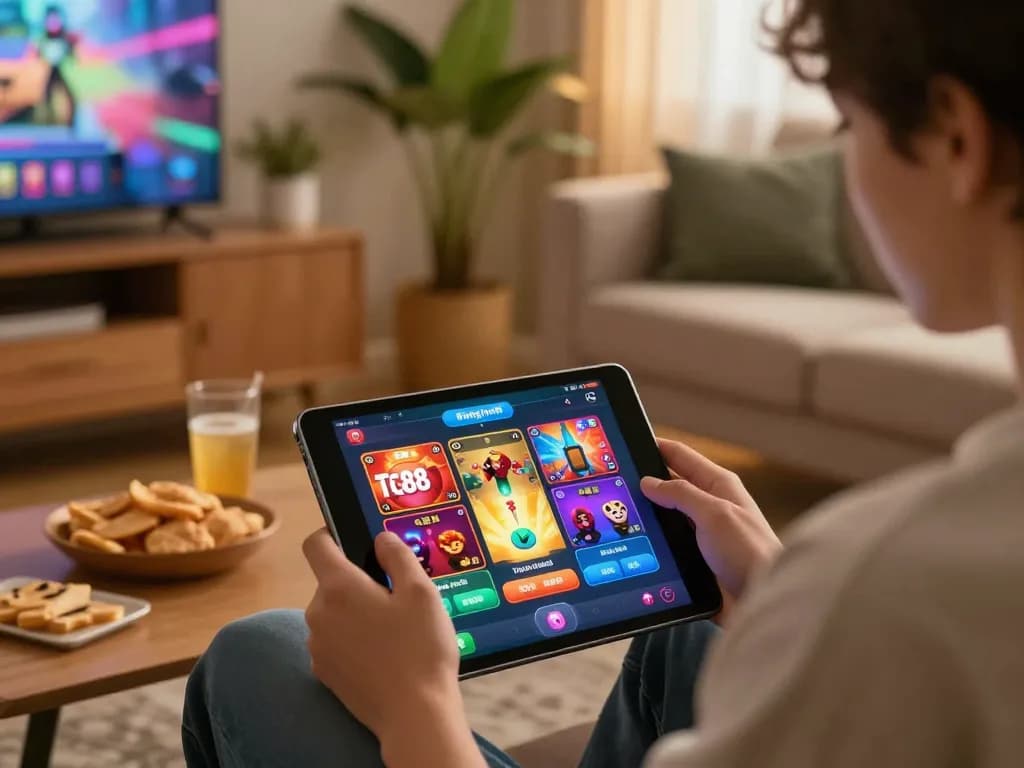 Engaged player enjoying the tg88 trang chủ gaming experience on a tablet, creating a cozy online gambling atmosphere.