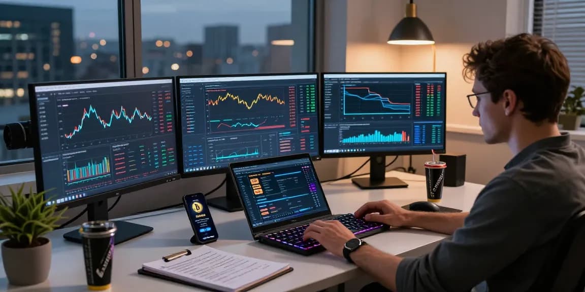 Mining crypto online performance analysis in a modern trading workspace with multiple monitors and a laptop.
