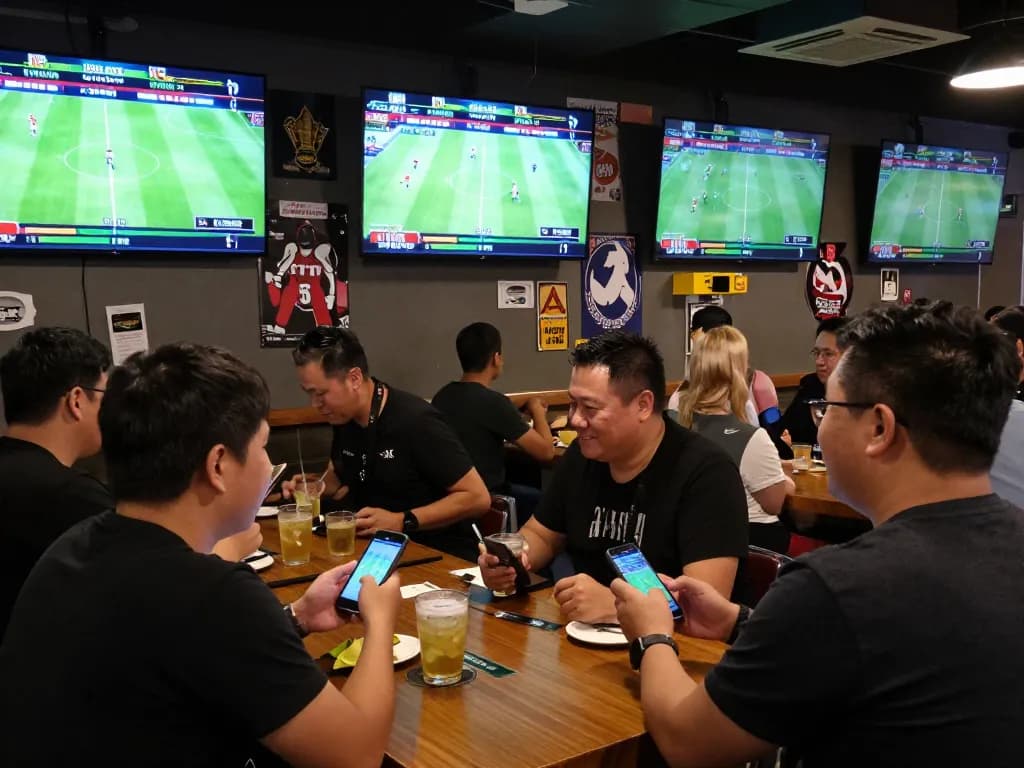 Engaging patrons view 'tin soi kèo' updates in a lively sports betting bar, lively atmosphere with screens.