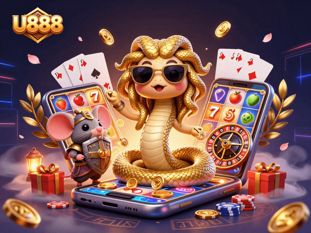 Experience the excitement of U888 with vibrant casino elements and charming characters in action.