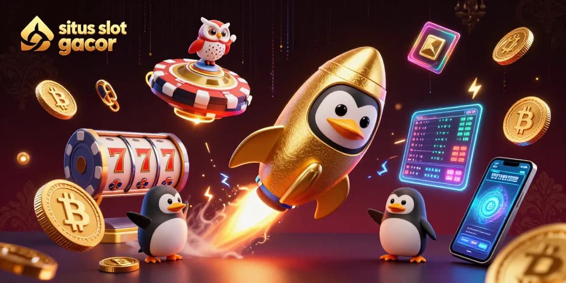Experience the thrills of situs slot gacor with a vibrant, dynamic 3D illustration of a penguin and crypto coins.