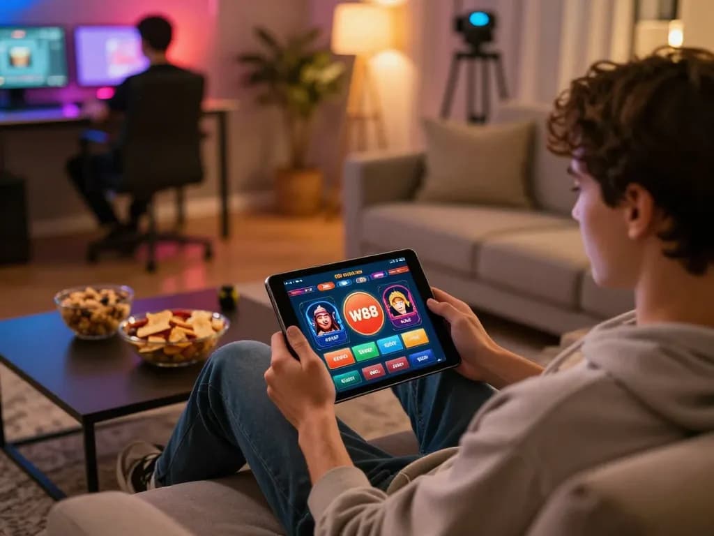 Engaging with the W88 casino app on a tablet in a cozy home setting, showcasing comfortable gaming.