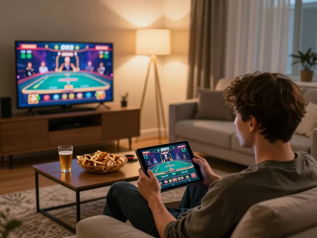 Player engaging with the OK9 casino app on a tablet, surrounded by a cozy living room atmosphere.