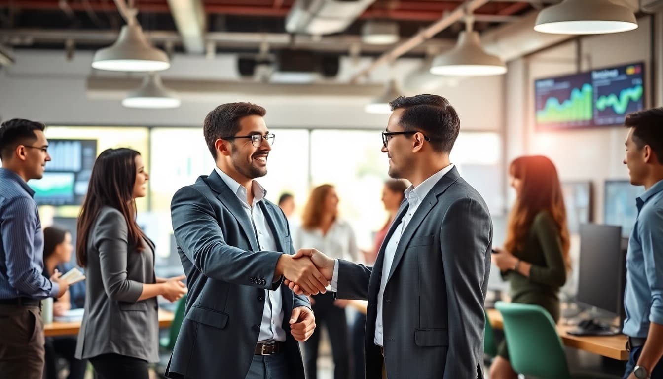 Engaging office scene showcasing top websites to find salespeople in action through recruiter-candidate interactions.