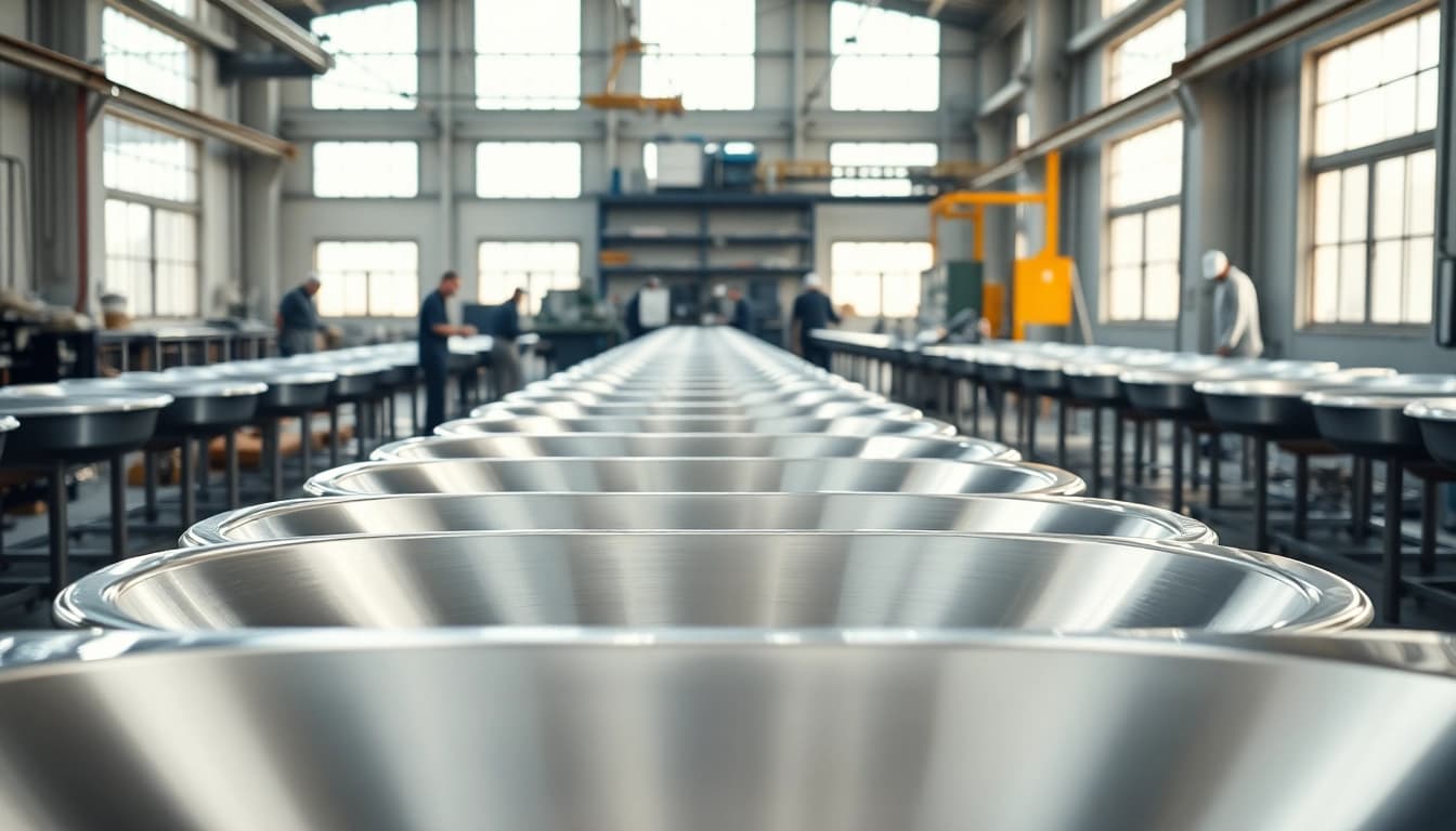 Manufacturing process at a stainless steel basin factory, showcasing polished basins in production.