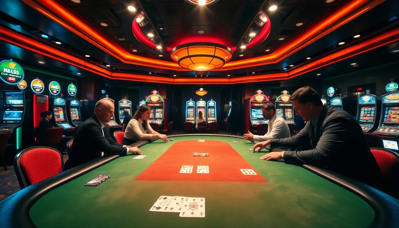 Taruhan menarik dalam situs toto di meja poker dengan pemain fokus dan suasana kasino yang hidup.