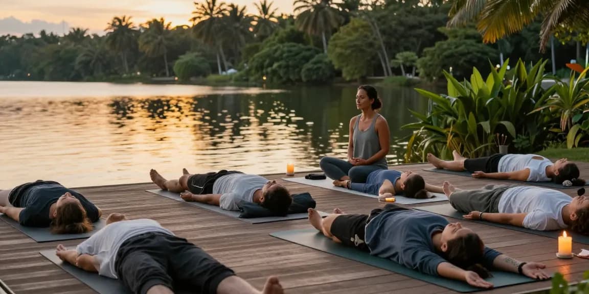 Stefan Camilleri yoga teacher leading a small group yoga class by the lake at sunset