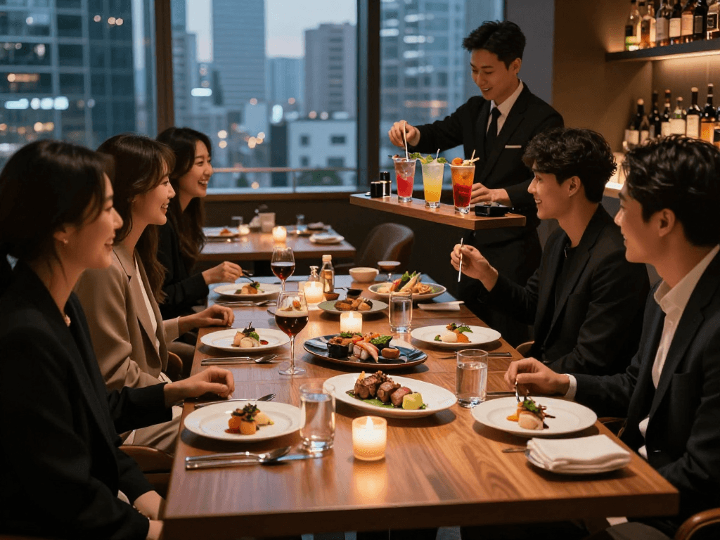 강남 달토에서 고급 레스토랑의 우아한 식사 장면, 친구들이 웃고 있는 모습.