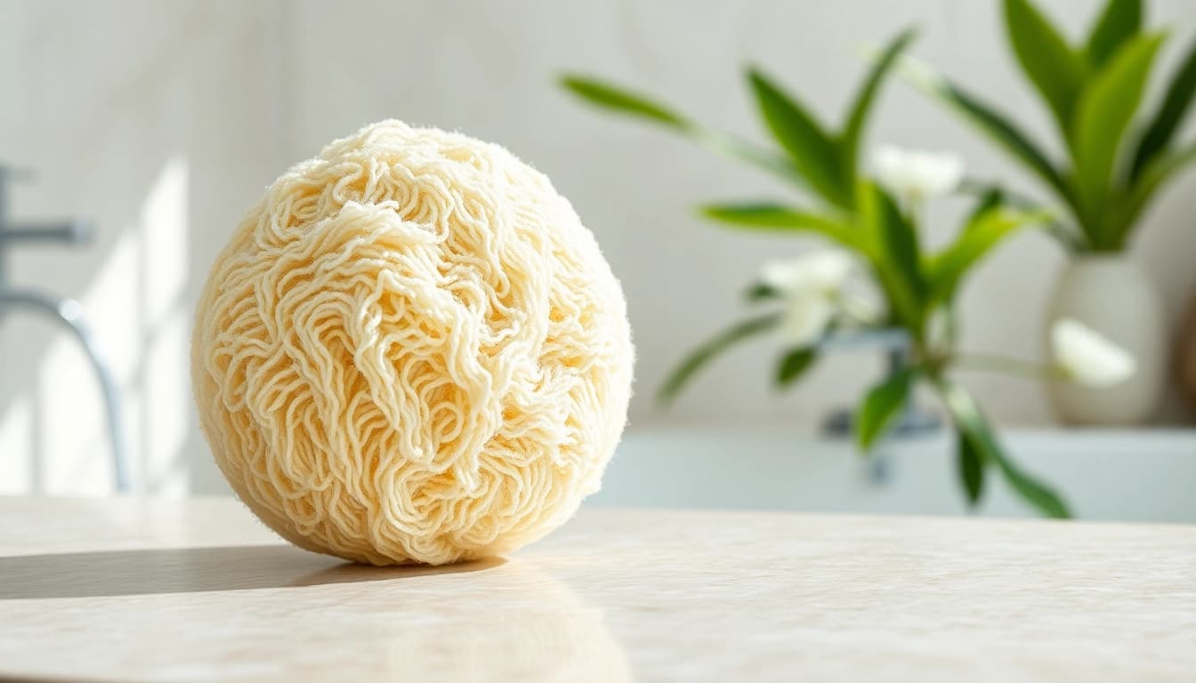 Best back loofah for dry skin showcasing textured fibers on a natural stone countertop.