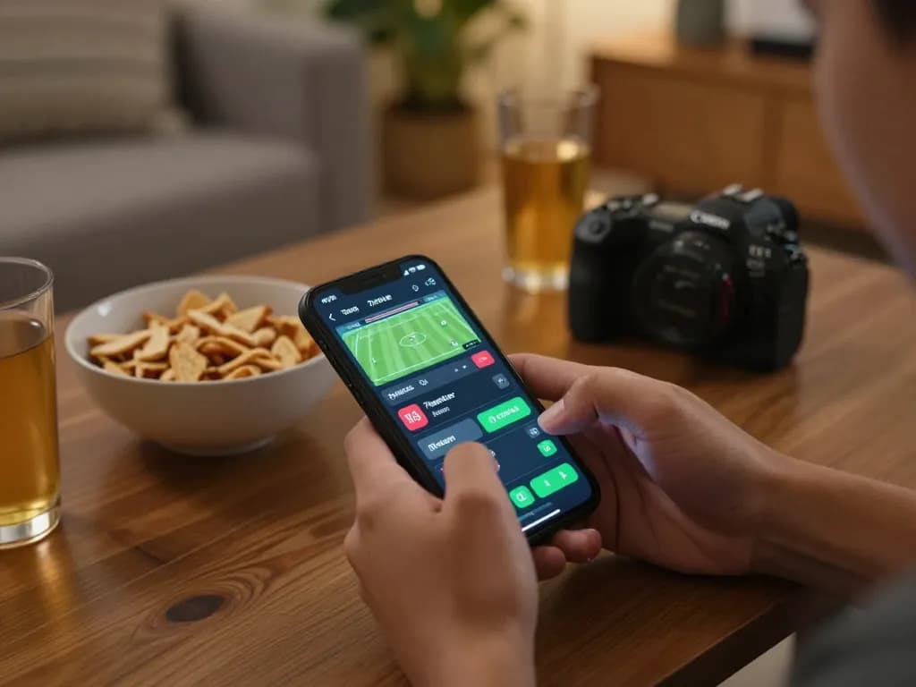Engaged bettor accessing 7meter bola app for live sports betting insights in a cozy home setting