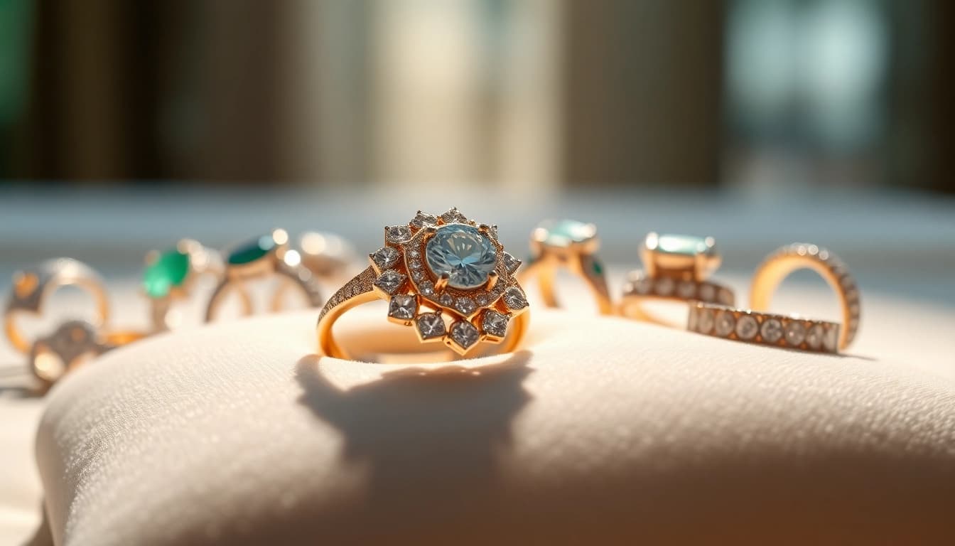 Showcase of luxury rings highlighting intricate designs and sparkling gemstones.