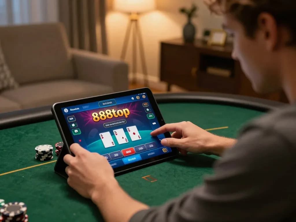 Player engaged in online poker using the 888top app with vibrant graphics in a cozy home setting.