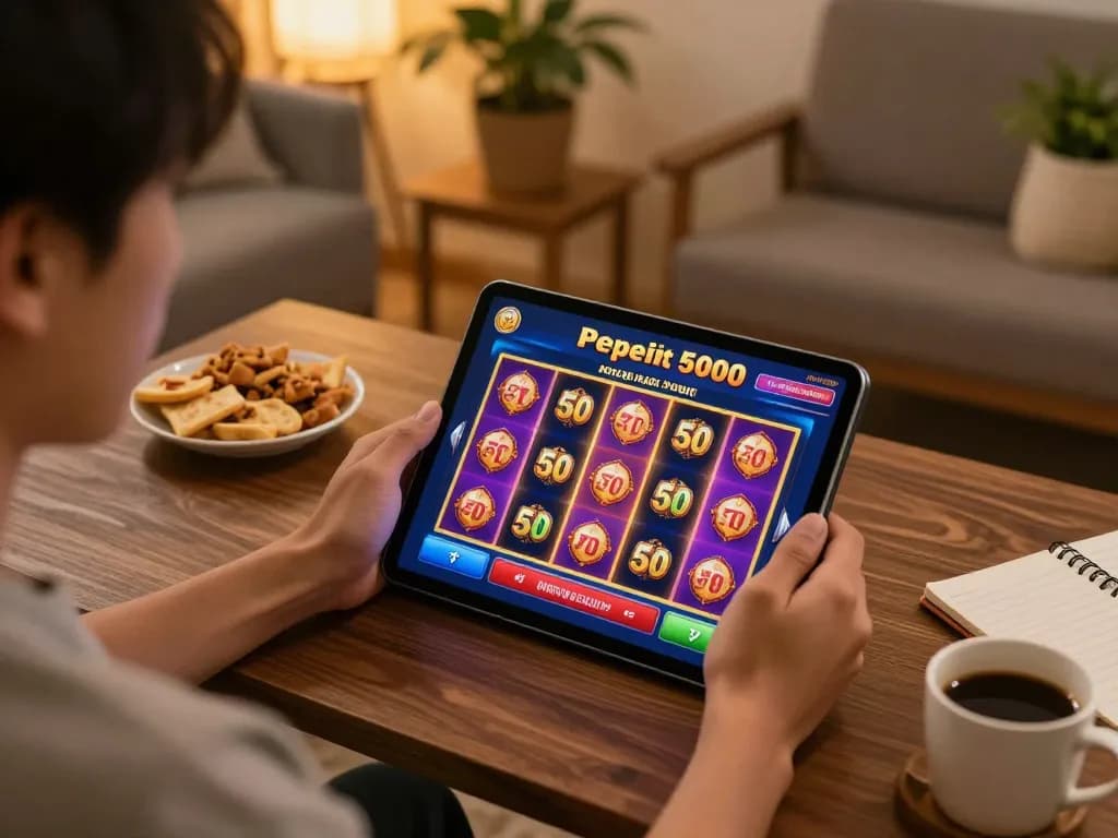 Engaging online gambling with apk slot bet 50 perak deposit 5000 on tablet, cozy home environment.