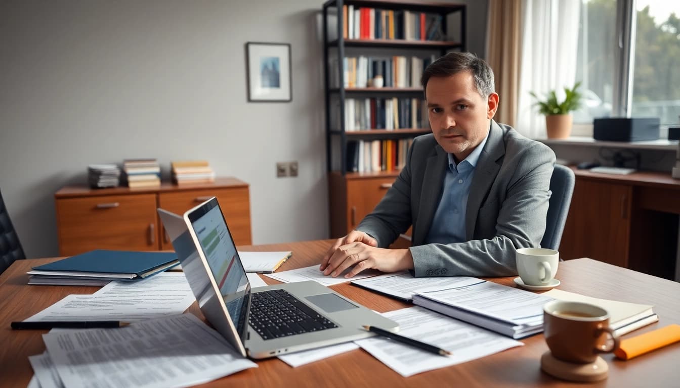 Streamlined registration and certification in Federal databases for federal contracts illustrated with a consultant's workspace.
