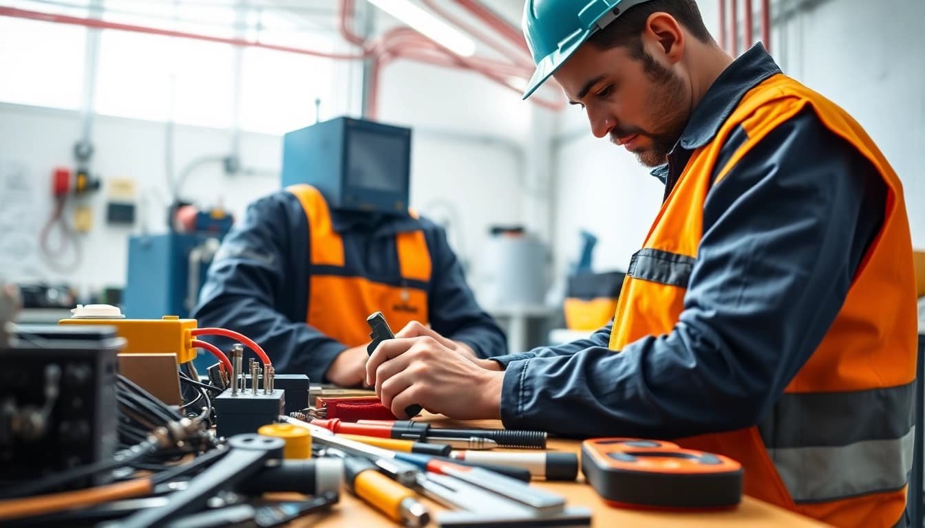 Electrician engaged in an electrical apprenticeship, showcasing skills with professional tools and safety gear.