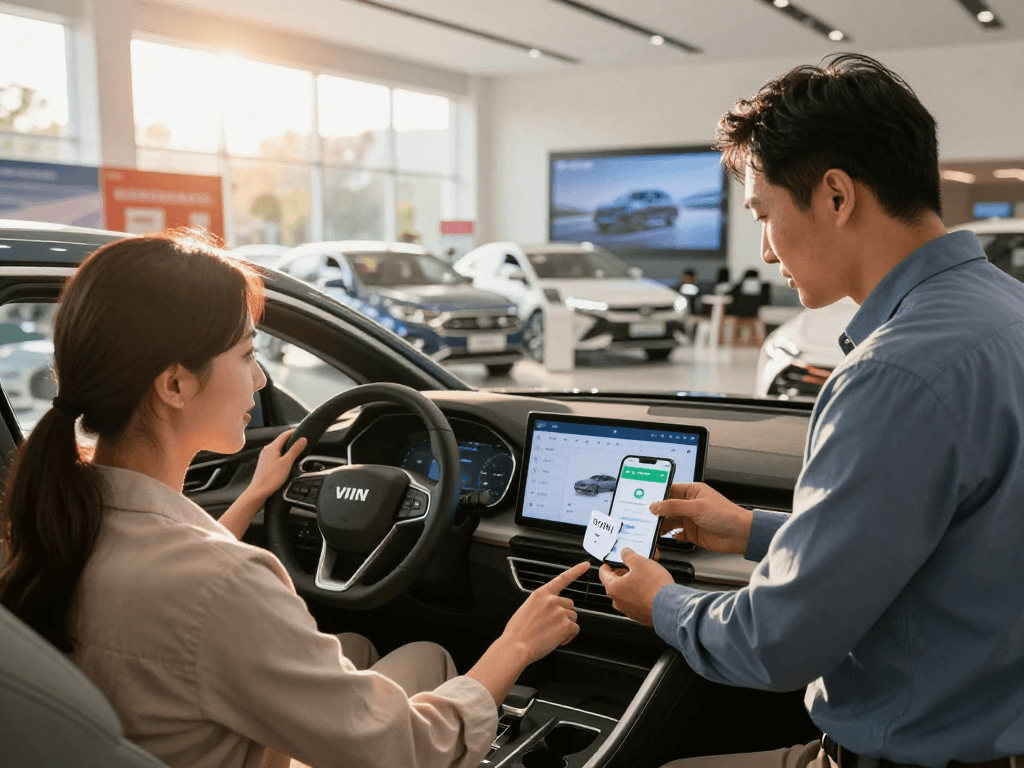 Couple engaged with a car dealership salesperson using carfax vin decoder for vehicle history.