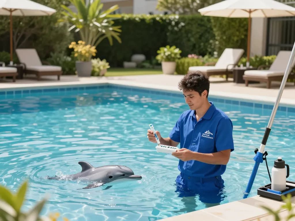 Dolphin Pool Services technician checking pool chemistry surrounded by lush greenery and pool equipment.