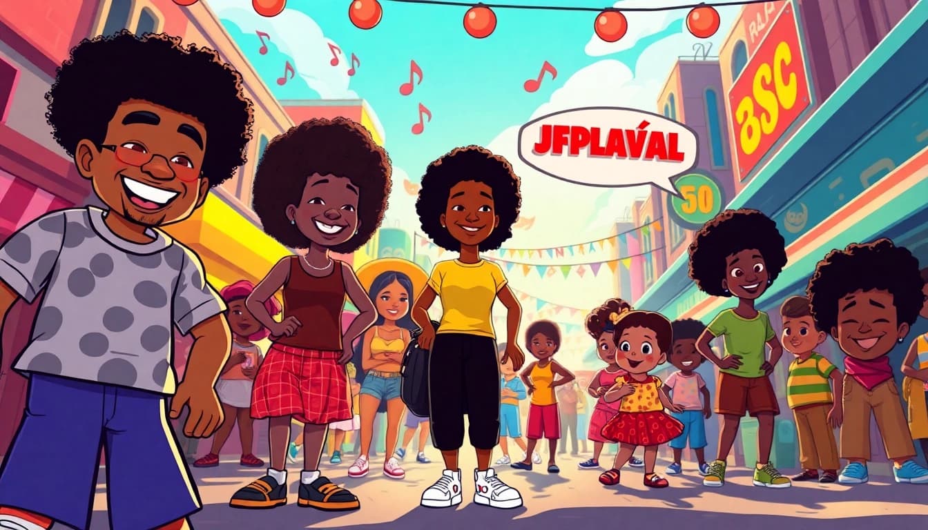 Celebration of African American Cartoons with iconic characters in a vibrant animated street scene.