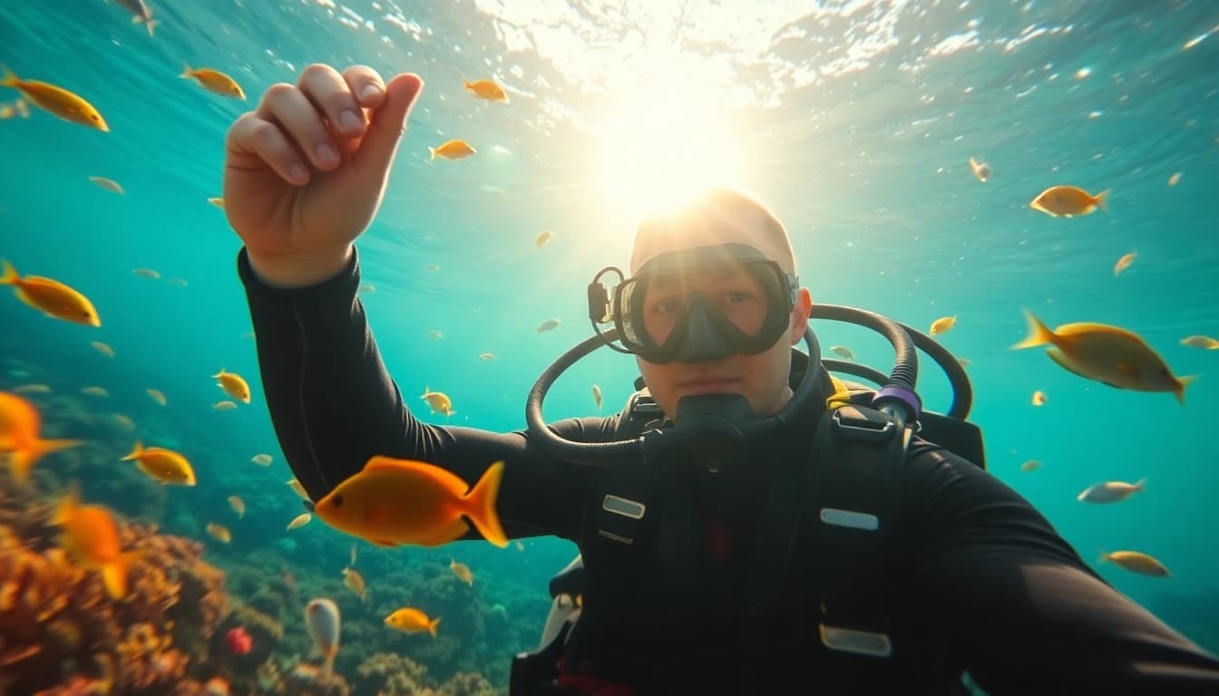 Schnuppertauchen Erlebnis unter Wasser mit bunten Fischen und Korallen.