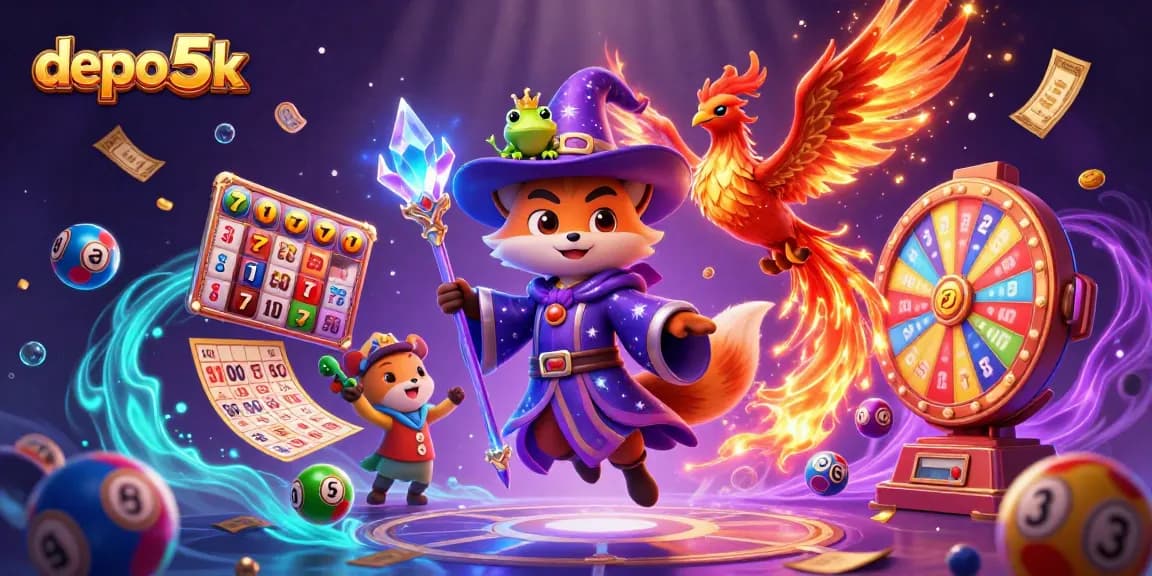 Experience thrilling wins with depo 5k in a vibrant casino realm featuring slots and magical elements.
