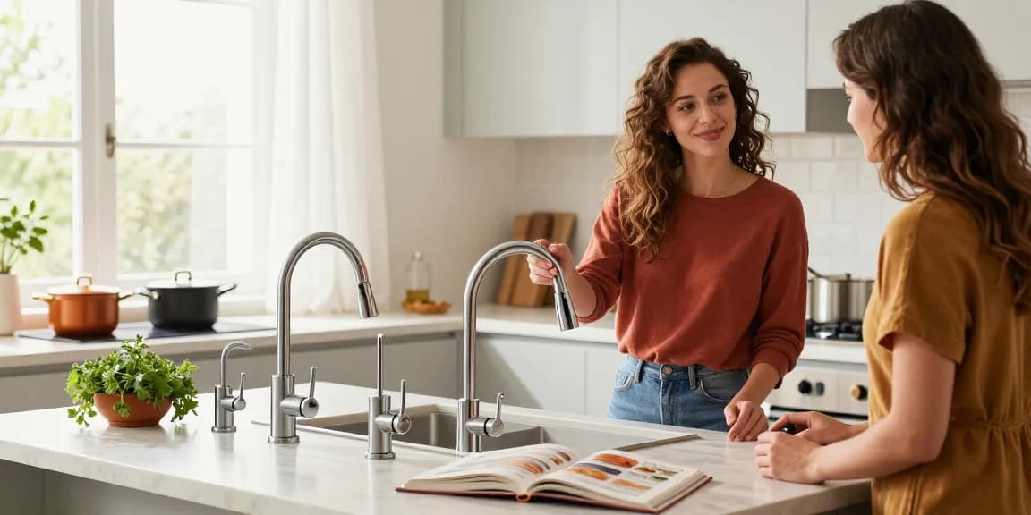 Stylish woman demonstrating kitchen faucets in a bright kitchen setting.