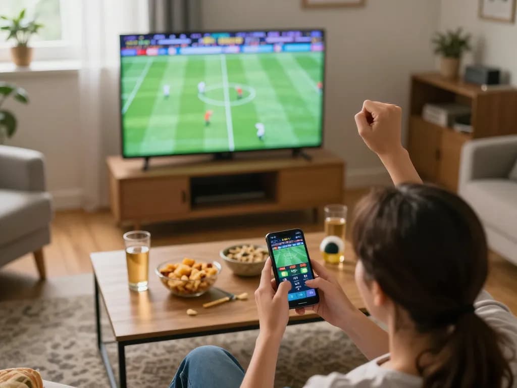 Cakhia TV user cheering while placing sports bets during a live football match at home