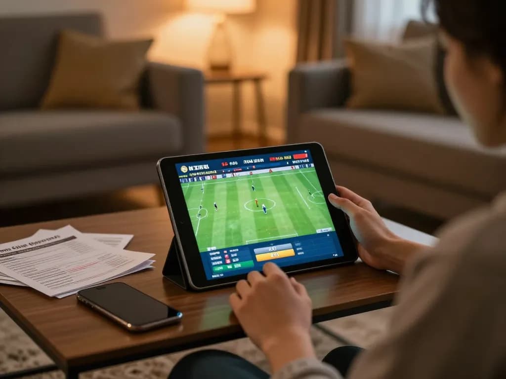 Engaged user checking Kết quả bóng đá on tablet during online betting in cozy home.