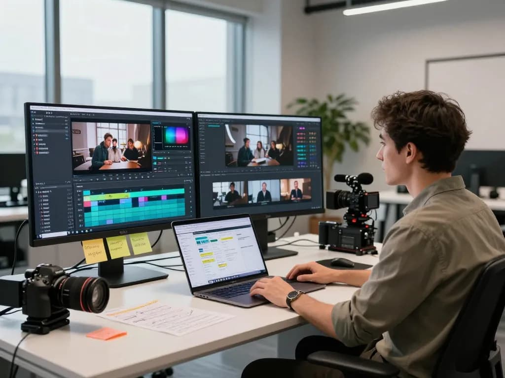 In a vibrant workspace, a director uses seedance 2.0 to craft AI-generated video narratives with multiple screens showcasing dynamic editing tools.