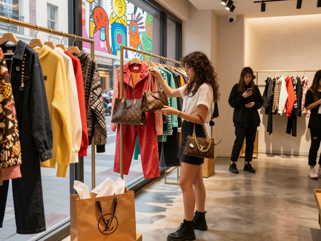 Young woman exploring luxury 레플리카 handbags in trendy boutique