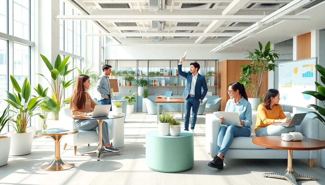 Unternehmensanimation zeigt lebendige Zusammenarbeit im modernen Büro, ideal für Unternehmensdarstellung.