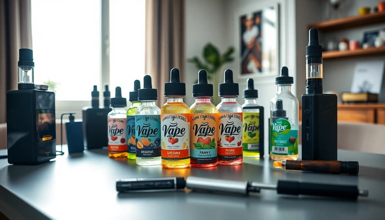 Explore a selection of premium Vape Juice bottles on a stylish table with various devices.