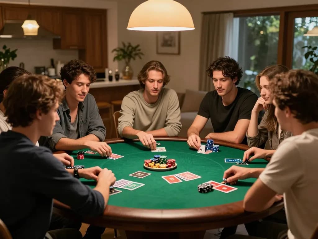 Permainan poker di setting rumah yang nyaman bersama teman-teman, menampilkan tangan memegang kartu dan chip.