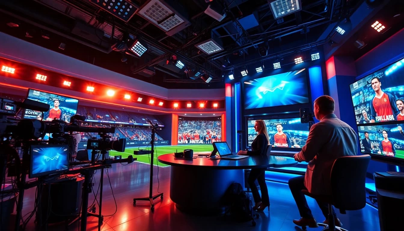 Engaging moment in sports broadcasting featuring anchors and advanced equipment.