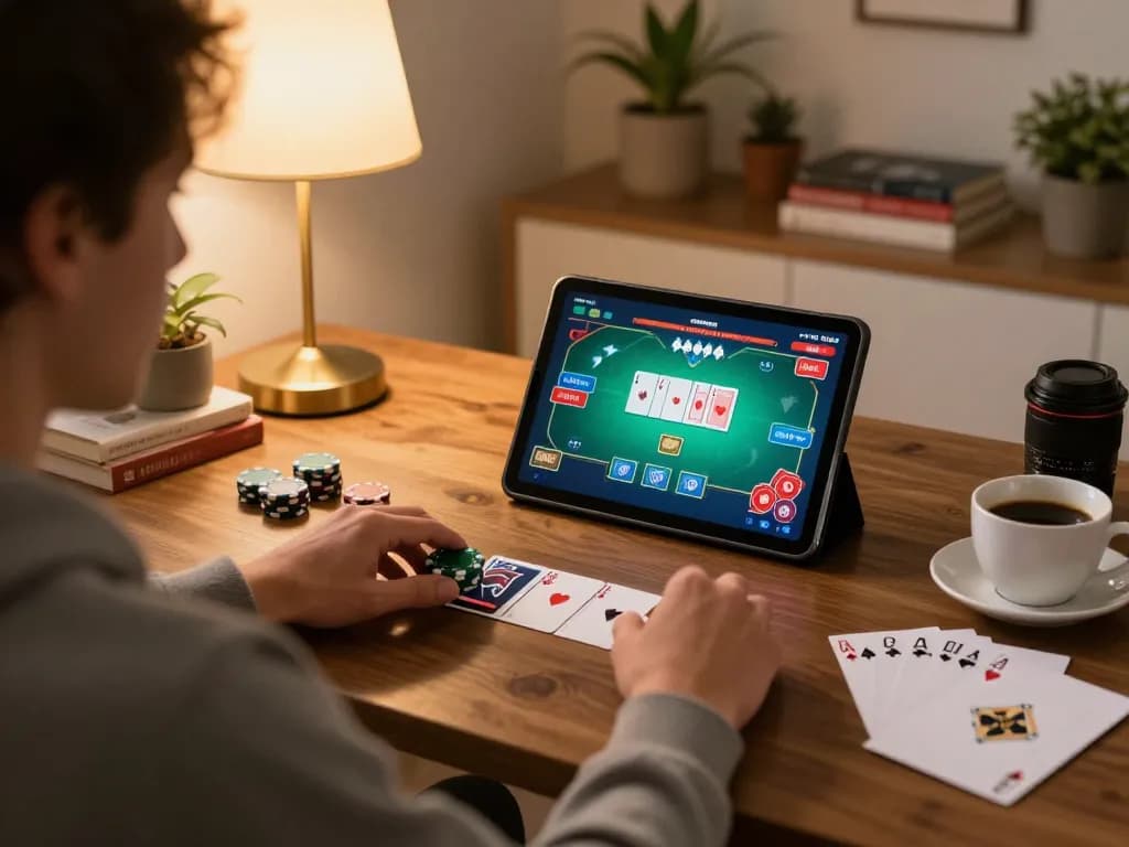 Engaging in poker gameplay using sunwinapk on tablet in a cozy living room setup.