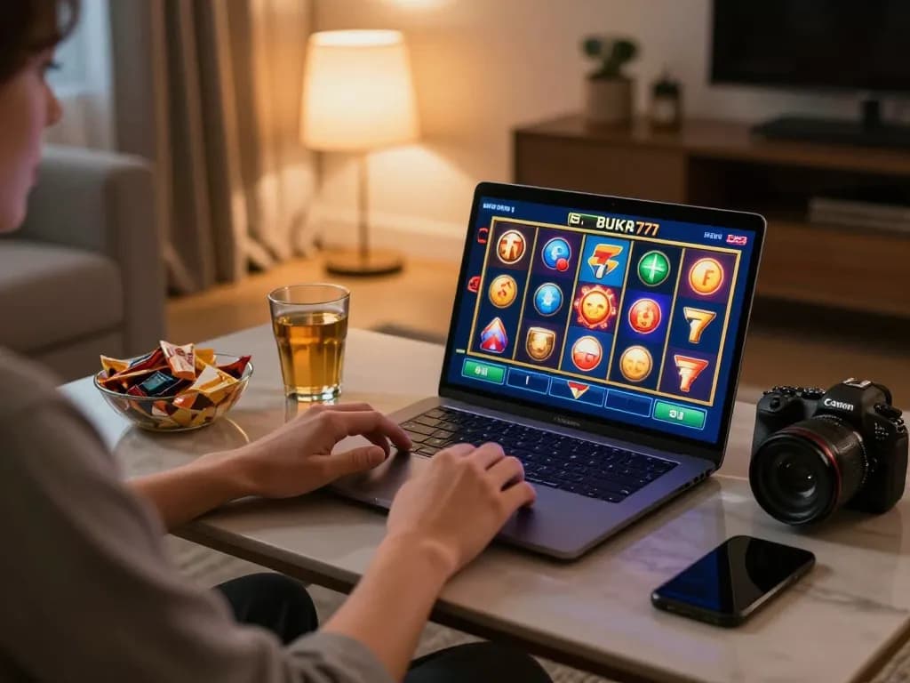 Engage in BUKA77 SLOT gameplay on a sleek laptop showcasing vibrant reels and spin action in a cozy home setting.