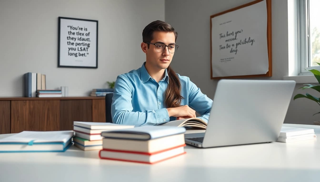Hire someone to take LSAT for you with a focused student studying in a calm, organized setting.