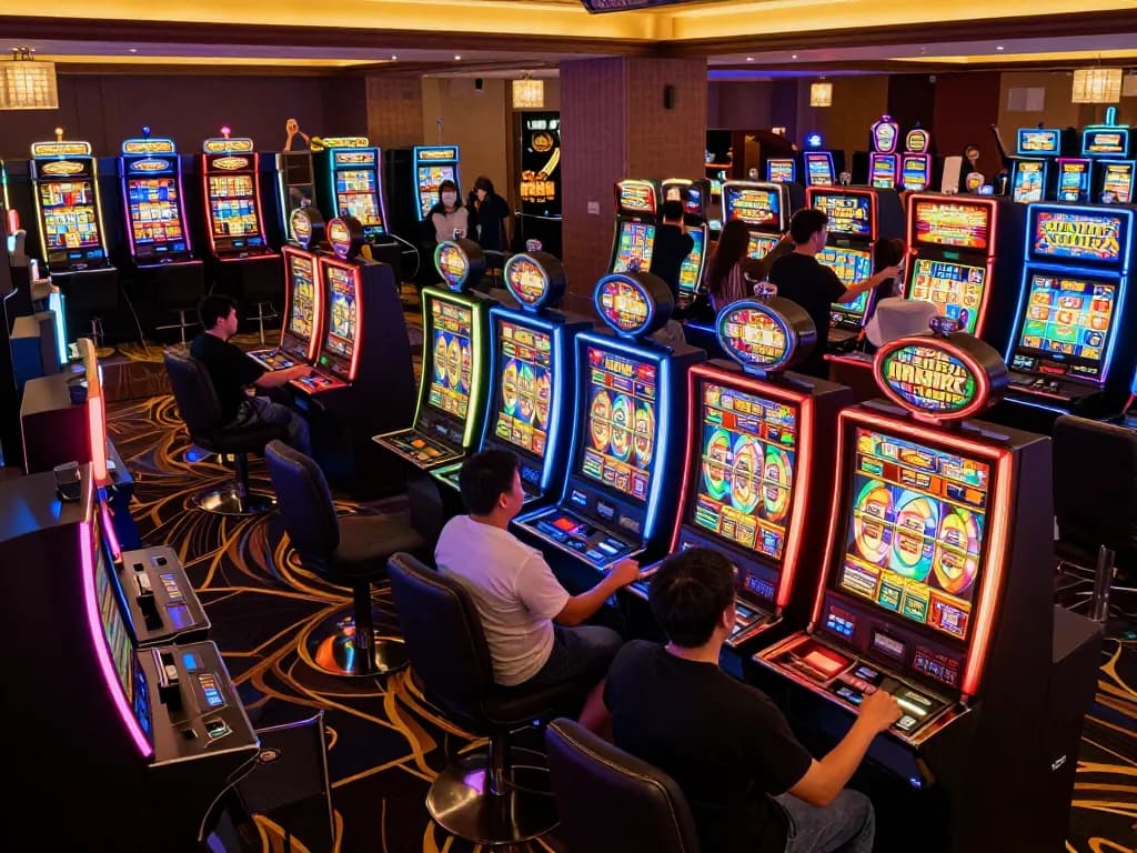 Experience slot gacor gampang menang with players enjoying vibrant slot machines under bright neon lights.