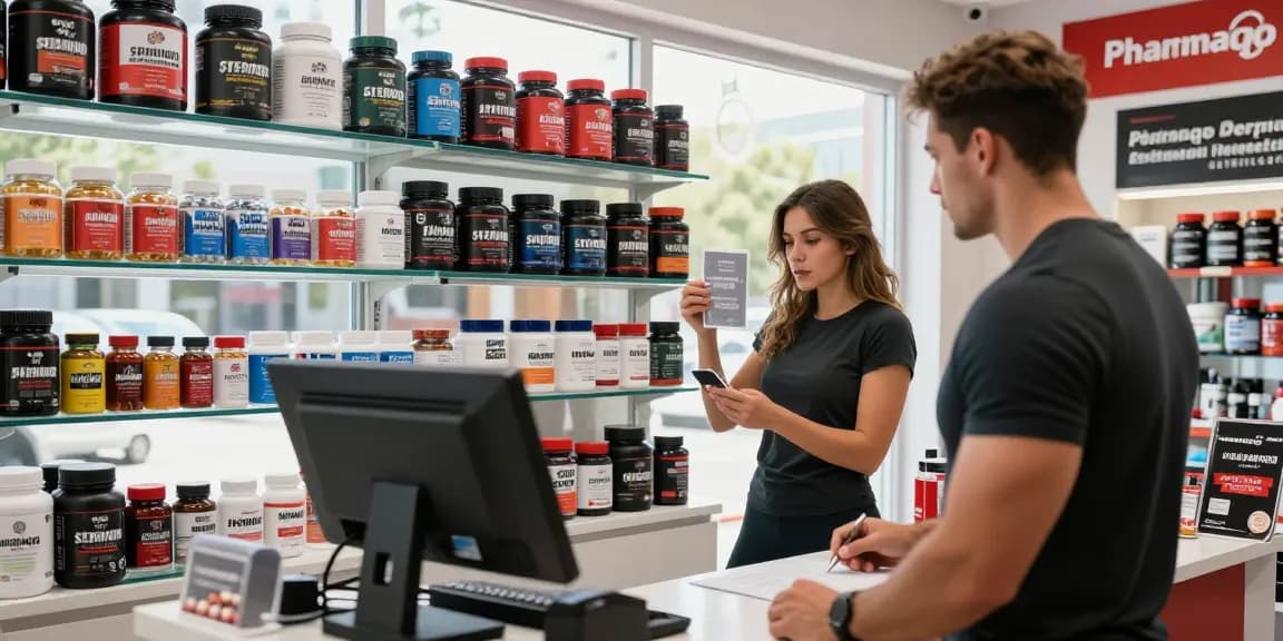 Pharmaqo Shop display featuring various anabolic steroids with a customer browsing products