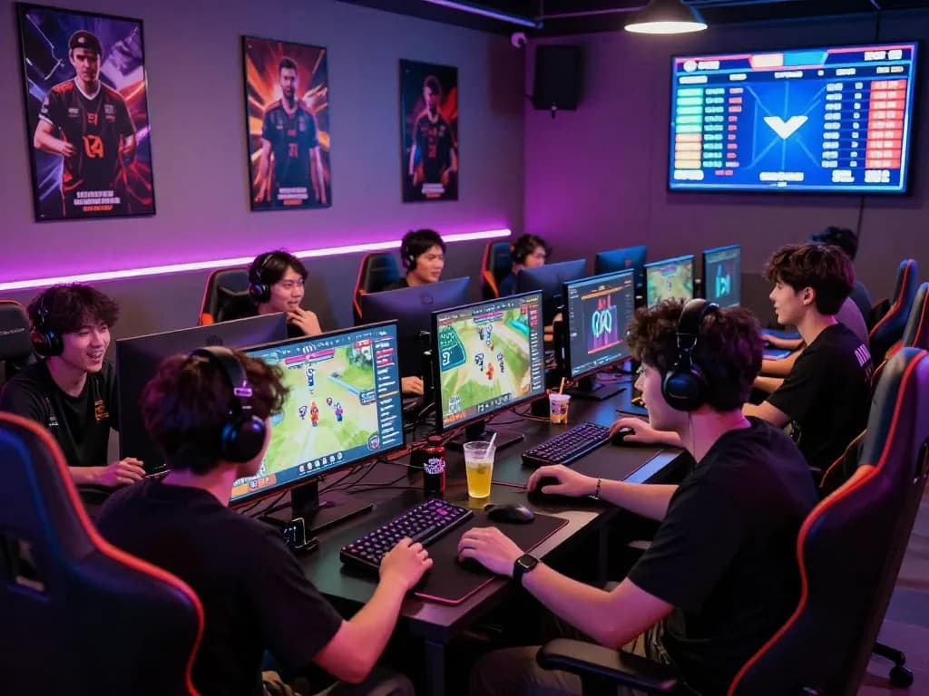 Engaging esports betting environment showcasing nổ hũ hubet88 with gamers watching live matches and placing bets in a vibrant lounge.
