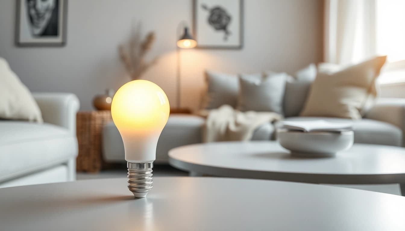 Brightly glowing a19 led bulb illuminating a cozy reading nook, enhancing ambiance.