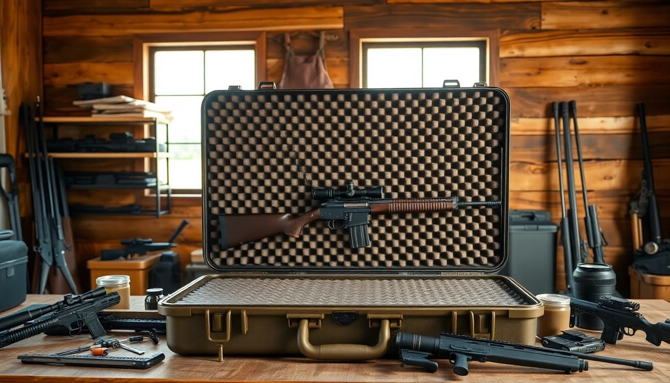 Showcasing a foam for rifle case with custom inserts that protect firearms in a bright setup.