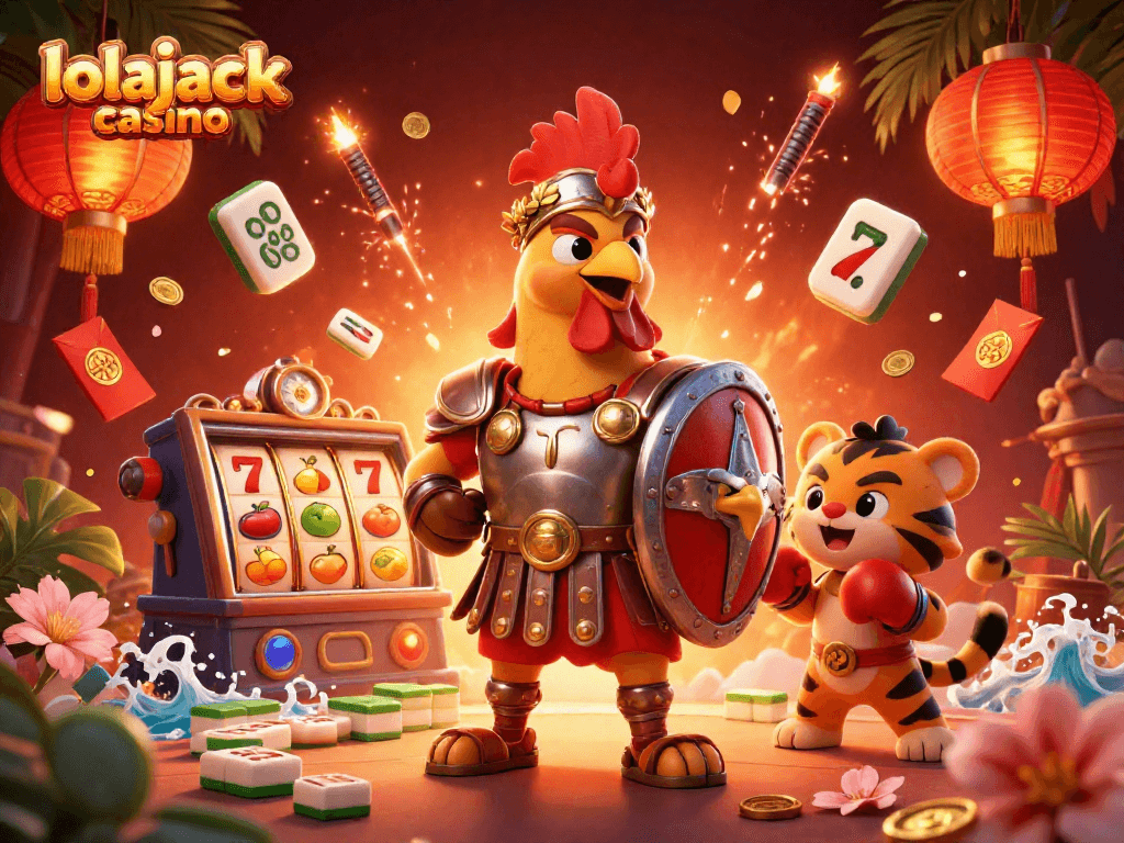 Experience excitement at lolajack casino with a vibrant scene featuring a gladiator rooster and lively gaming elements.