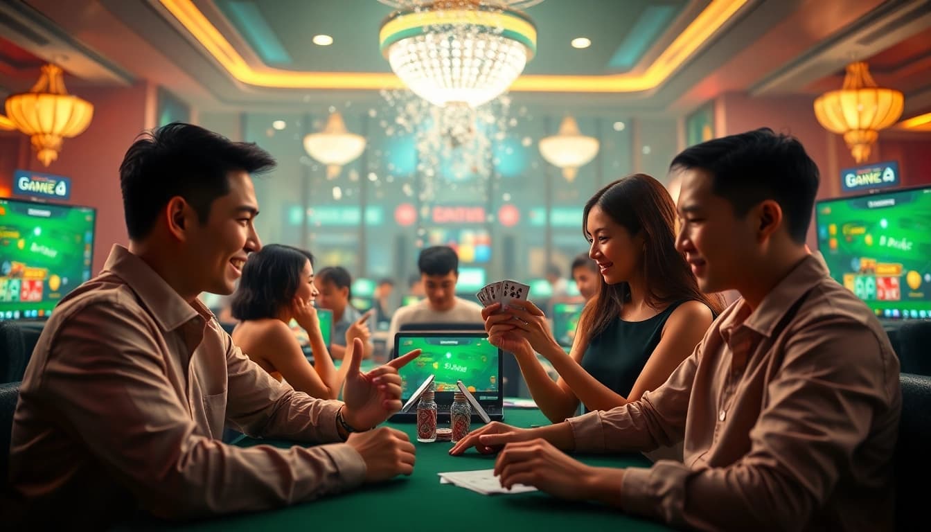 Engaging scene of online card games at gamebaidoithuong.com.vc, showcasing players' excitement and immersive gaming.