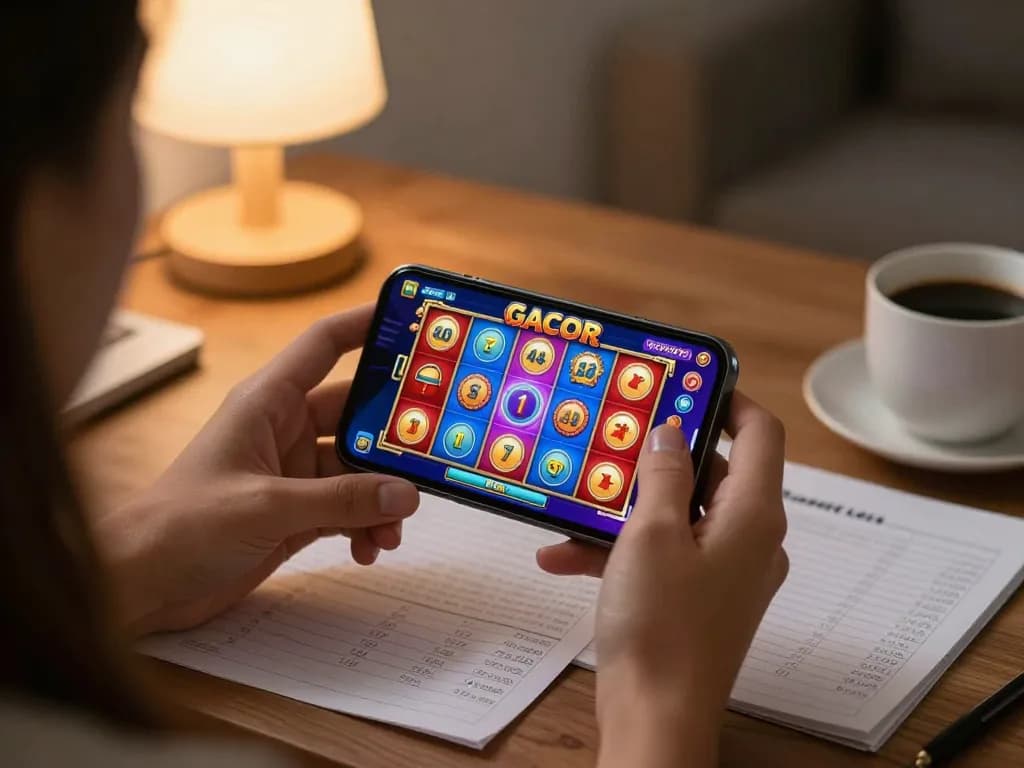 Engaging moment of playing slot gacor on a smartphone, highlighting excitement in online gaming.