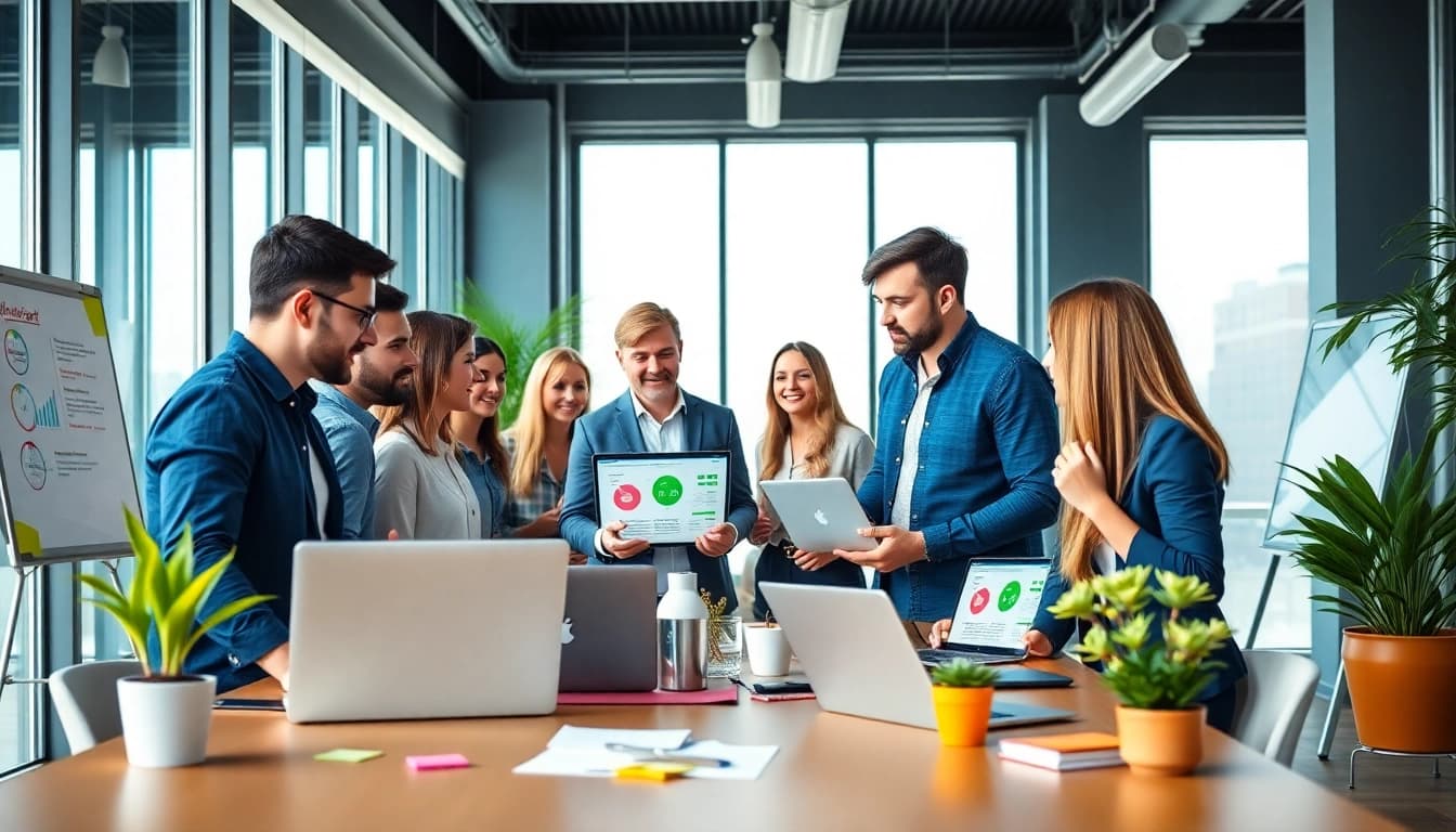 Showcasing a team strategizing the WhatsApp Smart CRM in a bright modern office setting.