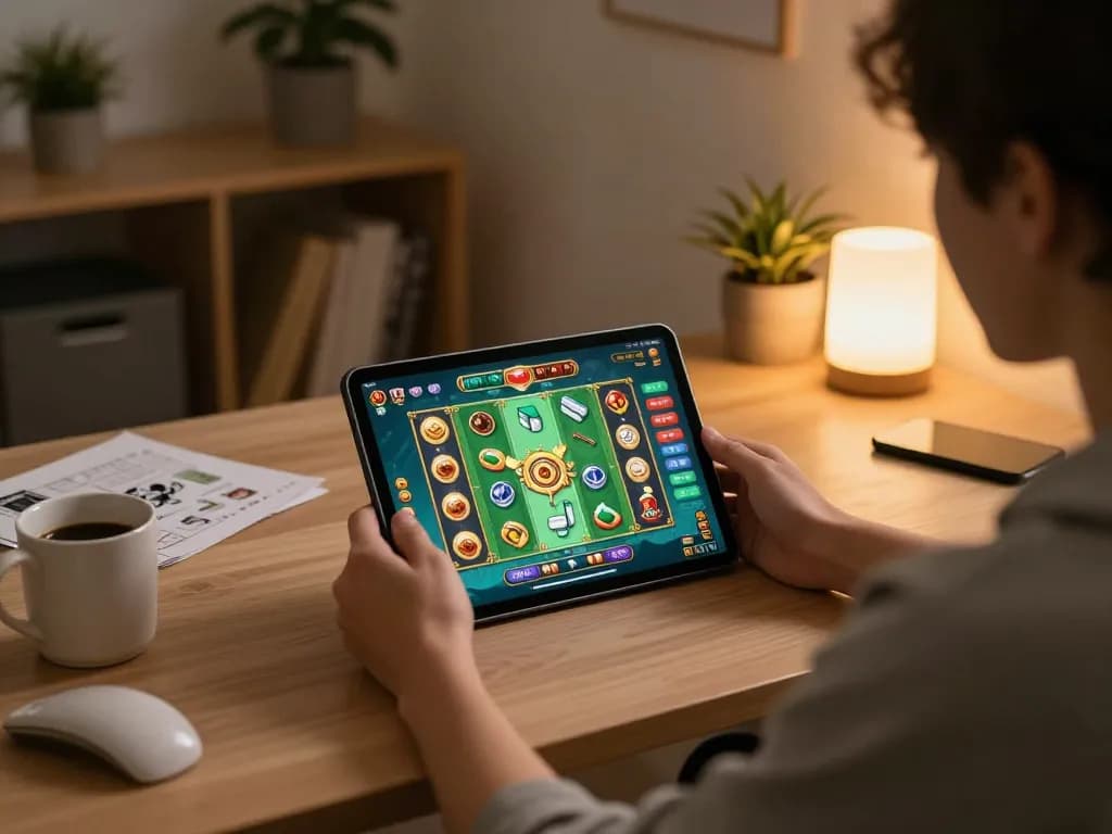 Engaging in a mahjong slot game on a tablet, showcasing a dynamic online gambling environment