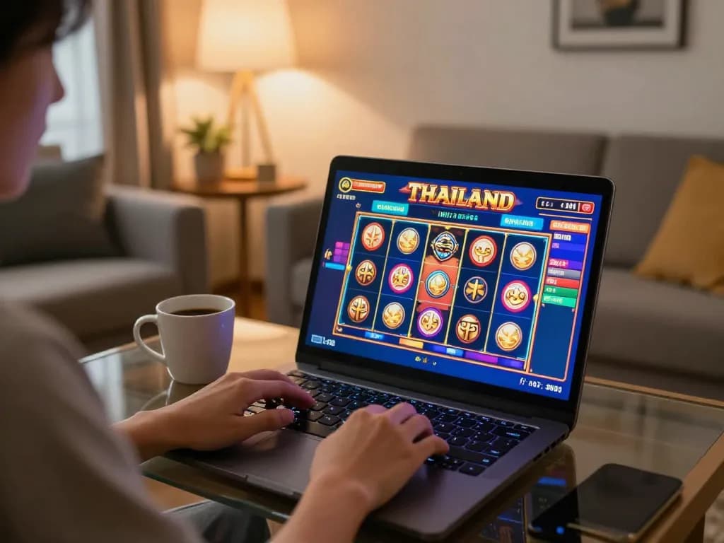 Engaging in slot thailand gaming on a laptop from a cozy home setup with vibrant visuals
